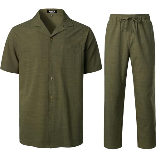 Image of JEMITOP Men's 2 Piece Outfits Summer Relaxed Fit Walking Suit Casual Cuban Guayabera Shirt and Pants Set Beach Vacation