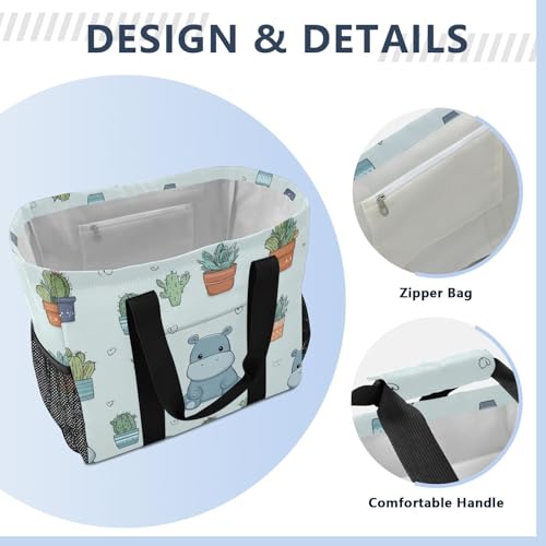 Hippopotamus and Green Plant Patterns Beach Tote Pool Bags for Women Ladies Large Waterproof Gym Tote Carry On Bag for Weekender Swim Gym Shopping Travel Daily Bag4
