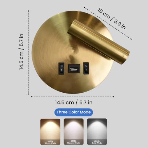 Image of Smartway Rotatable USB Gold 8W Bedside Wall Lamp | Modern LED Wall Light with 3 Color Modes | Adjustable Reading Light for Bedroom, Living Room & Home Decor | 1 Year Warranty