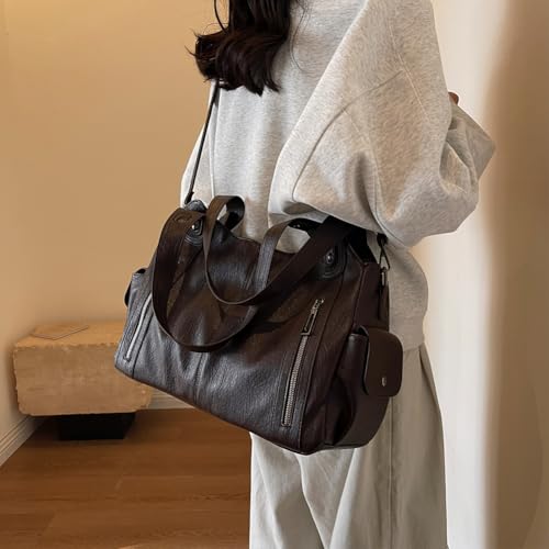 Leather Tote Bag for Women - Soft Leather Hobo Purse with Multi Pockets, Large Satchel Crossbody Slouchy Bag Retro Handbag fo3