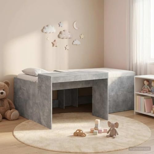 Teenpull Cama Alta para niños Gris hormigón con Escritorio Integrado, Estructura de Madera elaborada, Base de láminas, Dormitorio Interior, Montaje Sencillo, 80 x 200 cm