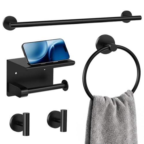 5-Piece Matte Black Bathroom Towel Bar Set,24" Bathroom Hardware Kit by ISOKER - Used condition - US$26.78