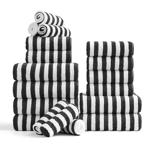 18-Piece Microfiber Bath Towels Set - 6 Bath Sheet, 6 Hand Towels, 6 Washcloths, Soft, Highly Absorbent Bathroom Towel, Quick Dry & Less Lint Shower towel for Bathroom, Hotel, Spa, Dorm-Black White by Ferdilan - Used condition - US$33.57