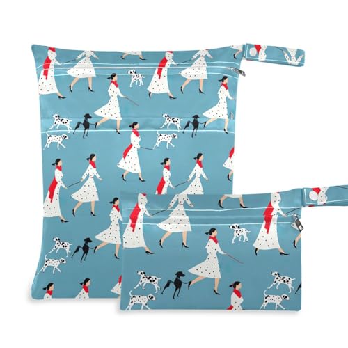 Coikll Wet Dry Bags for Cloth Diaper 2 Pack Waterproof Yoga Gym Bag for Swimsuit Wet Clothes Baby Items-?Lady and Dalmatians?