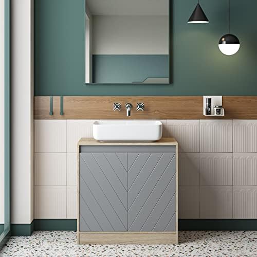 HOCSOK Under Sink Storage Cabinet, Basin Cupboard with Adjustable Shelf, Wooden Sink Storage Unit for Bathroom, Oak and Grey, 60x30x60.3 cm
