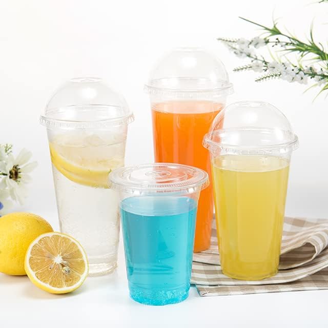 Pack of 50 Strong Plastic Smoothie Cups 20 Oz | 570ml with Dome Lid Ideal for Smoothies Milkshakes and Thick Shakes, Ice Crème Cups for Bars & Restaurants, Summer, Beach Party