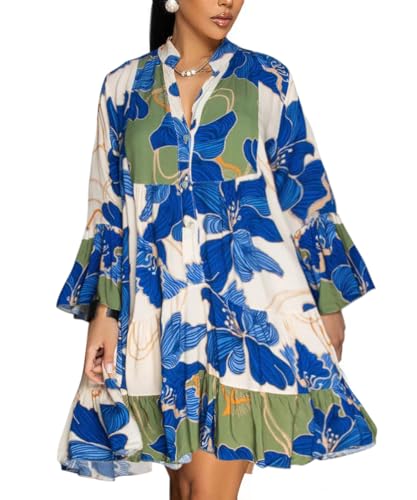 knowfashionstyle Womens Dresses 2025 Summer Boho Floral Button Tunic V Neck Dress Casual Long Sleeve Flowy Loose Shirt Dress