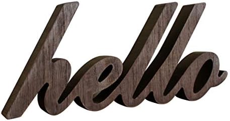 CVHOMEDECO. Rustic Vintage Distressed Wooden Words Sign Free Standing "hello" Tabletop/Shelf/Home Wall/Office Decoration Art, 10.5 x 4.5 x 1 Inch