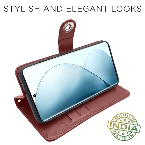 Image of Pikkme Vivo V29 / V29 Pro 5G Flip Cover Leather Finish | Inside TPU with Card Pockets | Wallet Stand and Shock Proof | Complete Protection Button Flip Case (Brown)