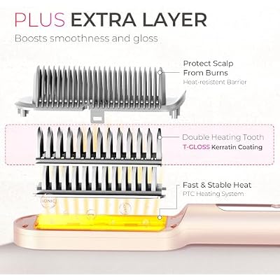 TYMO Ring Plus Ionic Hair Straightener Brush - Straightening Comb with Negative Ions for Women, Titanium Coating, 9 Temp Settings & LED Display, Dual Voltage, Professional Styling Tools, Gold Blush