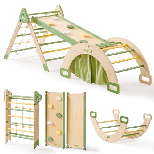 ROBUD 7 in 1 Pikler Triangle Set, Foldable Wooden Climbing Toys for Toddlers, Montessori Foldable Climbing Set with Rope Net, Ramp and Arch Climber for Girls & Boys