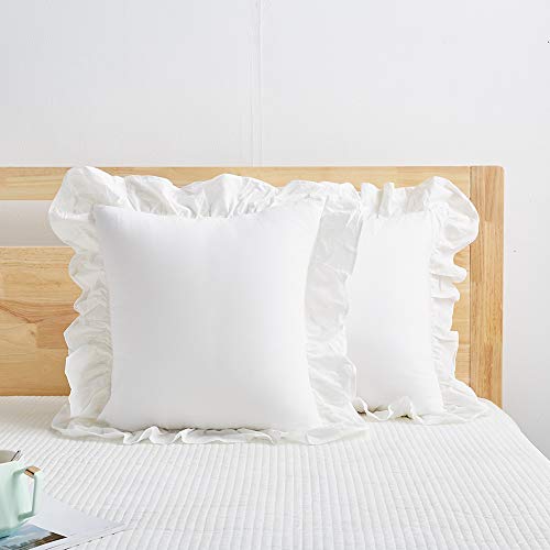 White Ruffle Euro Shams Shabby Farmhouse Pillow Cover 100% Washed Cotton Pillowcases Set of 2 -26\"x26\" - Thumbnail 6