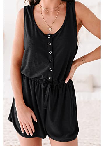 Prettygarden Women's Summer Casual Shorts Jumpsuit Plain Scoop Neck Button Down Sleeveless Tank Top Rompers With Pockets(Black,Small) #TOP3