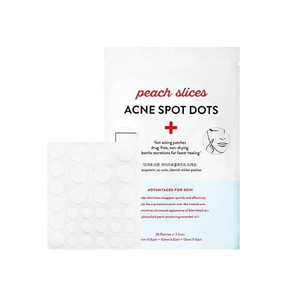Peach-Slices-Acne-Spot-Dots-Clear-Hydrocolloid-Acne-Pimple-Patch-for-Zits-and-Breakouts-Treats-Drains-and-Shrinks-Blemishes-Vegan-and-Cruelty-Free-Three-Sizes-7mm-10mm-12mm-30-Count Peach Slices | Acne Spot Dots | Hydrocolloid Acne Patches | For Zits, Blemishes, & Breakouts | Vegan | Cruelty-Free | Pimple Patches | Facial Skin Care Products | 3 Sizes (7mm, 10mm, & 12mm) | 30 Ct