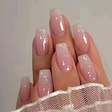 Press on Nails Medium Coffin Fake Nails Pink & White Ombre Acrylic Nails Glossy False Nails with Silver Glitter Designs Cute Nails Translucent Artificial Nails for Women 24Pcs