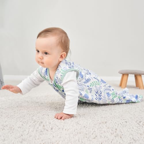 FIEMOL Baby Sleep Sack 6-12 months, 100% Cotton Sleep Sack for Newborn, Wearable Blanket Baby 0.5 Tog Lightweight Double Zipper Sleeping Bag Blue Leaf 1 Pack