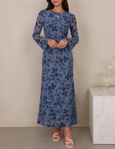 ZESICA Womens Long Sleeve Floral Fall Bodycon Ruched Mesh Maxi Formal Dress - Image 3