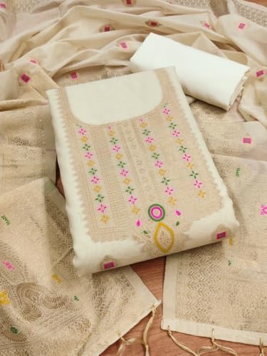 Image of Chanderi Suit Vol 5 | Pure Chanderi Banarasi Silk (3m) | Soft Cotton Bottom (2.5m) | Woven Chanderi Banarasi Silk Dupatta (2.3m) with Tassels, Unstitched Material, Fits up to 60 inch, Length 48