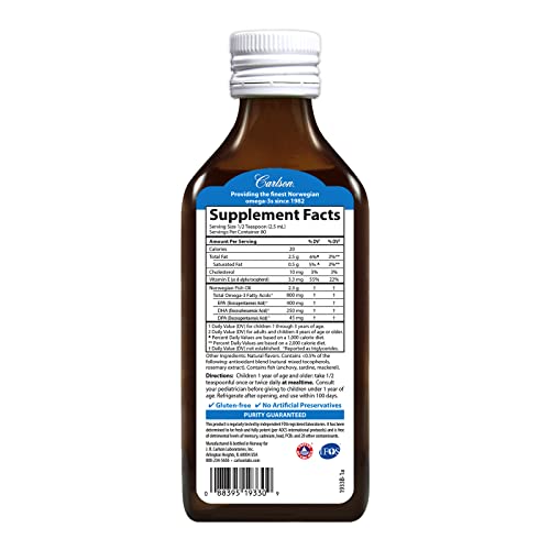 Carlson - Kid's The Very Finest Fish Oil, 800 Mg Omega-3S, Liquid Fish Oil Supplement, Norwegian Fish Oil, Wild-Caught, Sustainably Sourced , Mixed Berry, 200 Ml (6.7 Fl Oz) #TOP1