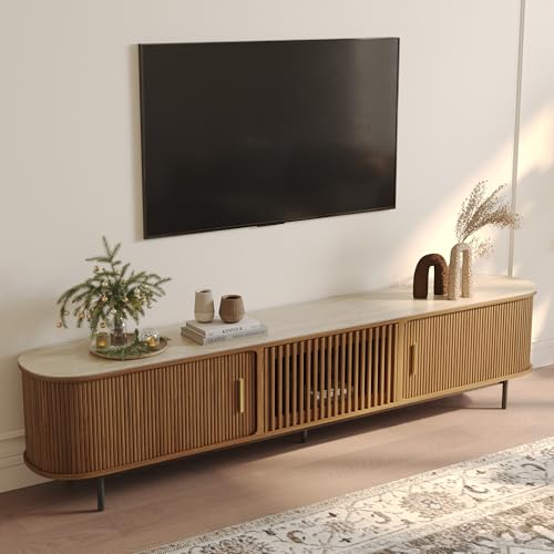 POVISON Sliding Tambour Door TV Stand, Mid Century Modern Sintered Stone TV Console, Wood Media Console for 85 Inch TV, Entertainment Center with Storage Cabinet, Fully-Assembled (Walnut, 94.49")