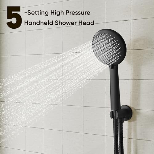Image of Gabrylly Shower System Black, Pressure Balance Shower Faucet Set, 10 inch Stainless Steel Rain Shower head with 5-Mode Handheld Shower Spray Combo,High Pressure Rainfall Shower Head Set, Matte Black