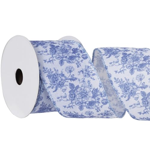 Blue Floral Wired Ribbon 2.5 Inch Vintage Flower Chinoiserie Printed Fabric Ribbon for DIY Crafts Wreath Bow Making 15 Yards