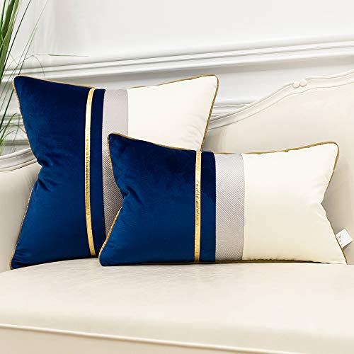 Avigers 16 X 16 Inches Navy Blue White Gold Leather Striped Patchwork Velvet Cushion Case Luxury Modern Throw Pillow Cover Decorative Pillow For Couch Living Room Bedroom Car #TOP6