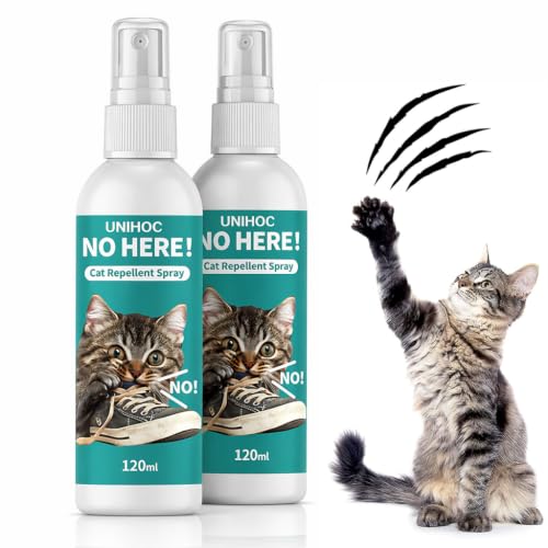 UNIHOC Kattenafweerspray, 2 x 120 ml, katten afstandsspray voor binnen en buiten, bescherming tegen krassen en ongewenst gedrag, voor meubels, tapijten, tuin, balkon en entree