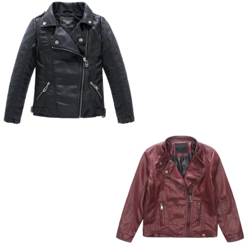 LJYH Children Collar Motorcycle Faux Leather Coats Kids Girls Bomber Biker PU Soft Leather Jackets Redwine 3/4yrs