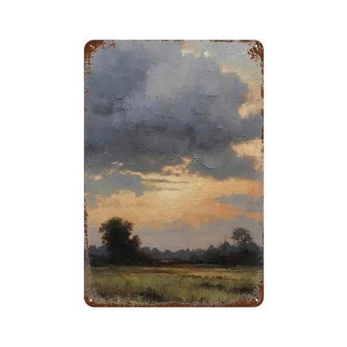 Cloudy Sky Oil Painting Vintage Landscape Print Blue Landscape Oil Painting Neutral Sky Painting Meadow Painting Blue Sky Art Canvas Wall Art For Room Decor Aesthetic Wall DecorWall Decor Art Metal Ti