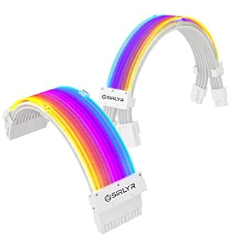 RGB Power Extension Cable Kit - ARGB Motherboard Power Cable, 24 Pin ATX Cable 5V 3 Pin Synchronized PSU Cable with LED Scattered Soft Silicone Tube