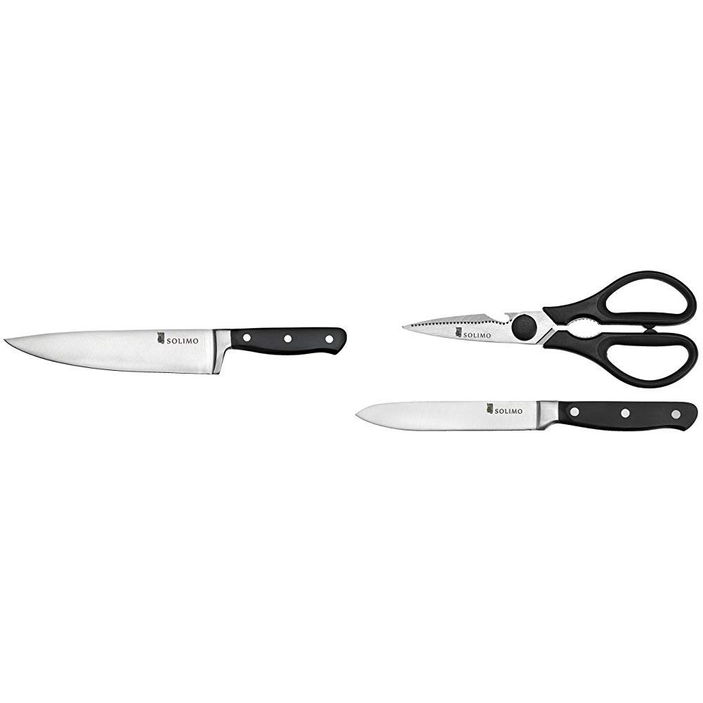 Amazon Brand - Solimo Premium Stainless Steel Chef's Knife, Silver and Premium High-Carbon Stainless Steel Detachable Kitchen Shears and Knife Set, 2 Combo