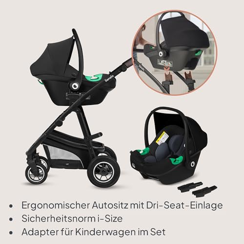 LIONELO BIANKA Kinderwagen 3 in 1 bis 22 kg Babywanne Autositz Zusammenlegbar, Reise-System, Einstellung der Rückenlehne, Räder 360o Stoßdämpfer, Verdeck XXL