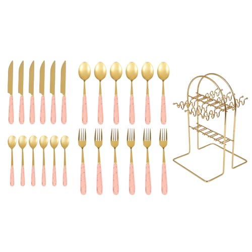 RAVIXIA Cutlery Set, 24-Piece Cutlery Set, Stainless Steel Cutlery Set with Stand (Pink)