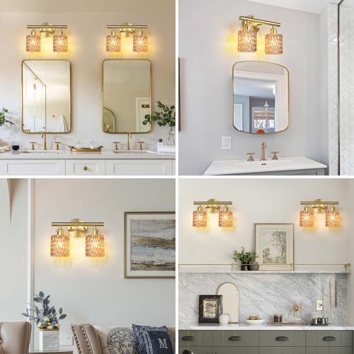 Image of Bathroom Vanity Light, Gold Wall Fixture Over Mirror, Amber Glass Shade Lighting with Bulbs Included for Bedroom & Living Room, 2-Lights