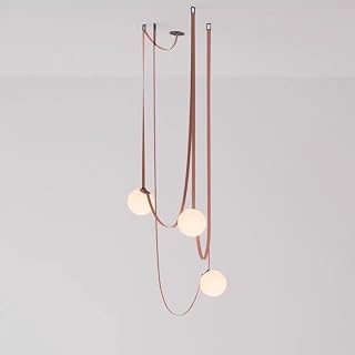 Nordic White Glass Globe Chandelier High Ceiling Mid-Century Modern Long Chandelier DIY Spider Pendant Light Off Center Light Fixture with Belt Leather Chain for Living Room (Brown 7 Lights)(