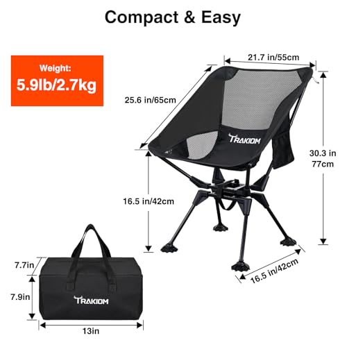 Trakiom 360° Swivel Folding Camping Chairs, Compact and Portable Chair for Outdoor Camp, Foldable Chairs with Anti-Sinking Large Feet for Travel, Beach, Picnic, Sports, Fishing Support 300 LBS(Black) by Trakiom - Used condition - Image 3
