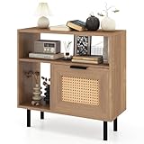 GIANTEX Table de Chevet en Rotin avec Rangement, Table d'Appoint Style Ferme Moderne avec Étagères Ouvertes et Pieds Métalliques, Table de Nuit pour Chambre, Salon, Bureau et Petits Espaces