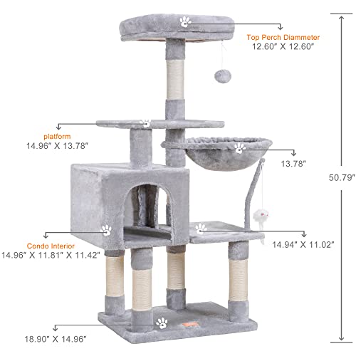Image of Heybly Cat Tree with Toy, 43.3 inch Cat Tower for Indoor Cats HCT004W | Cat Condo with Durable Sisal Scratching Posts, Cat House with Padded Plush Perch, Cozy Hammock, Light Gray