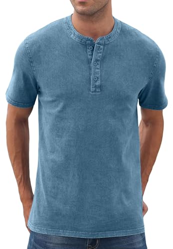 Image of Anelune Men's Distressed Henley Short Sleeve T-Shirts, Denim Blue, 2XL