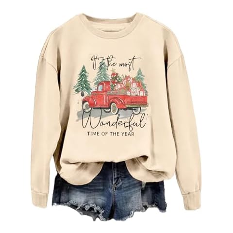 kfulemai Womens Christmas Sweatshirts Merry Bright Graphic Shirts Cute Christmas Tree Long Sleeve Pullover Tops Blouse(XL,Beige-1) Cover