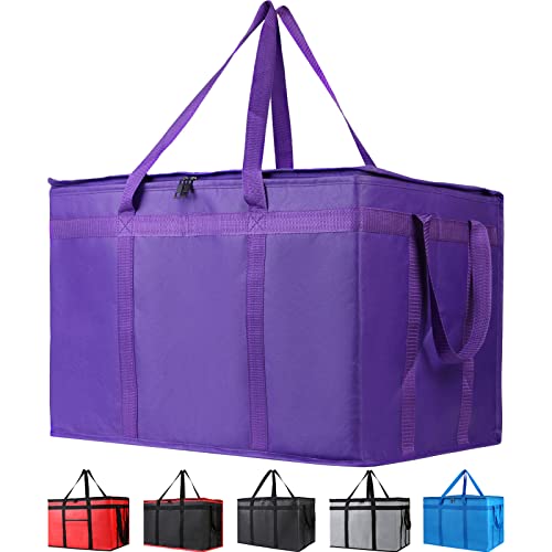 Bodaon 3-Pack Insulated Food Delivery Bag, XXX-Large Meal Grocery Tote Insulation Bag for Hot and cold Food,Commercial, Large Capacity Reusable Warming Bag, Purple