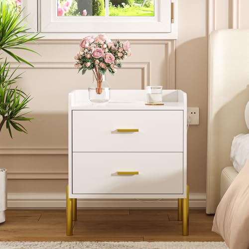 Vabches Nightstand with Built-in Charging Station, White Mid Century Modern Nightstand for Bedroom, Stylish End Tables for Lamps, Books