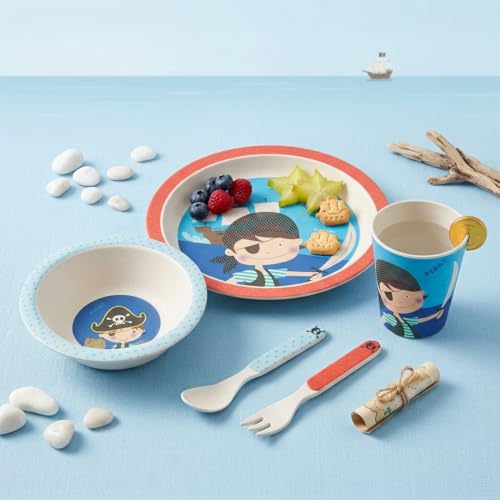 Image of Bamboo Kids Feeding Set of 5 |Kids Crockery Set Tableware |Baby Utensils and Dishes Set | Eco-Friendly |Organic & Natural (Playful Pirate)