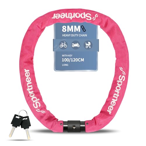 Sportneer Cerradura de Cadena para Bicicleta, Cerradura de Bicicleta Resistente, 8mm de Diámetro Grueso, Alta Seguridad, Antirrobo, Cerraduras de Bicicleta Incortables, Portátiles con 2 Llaves para