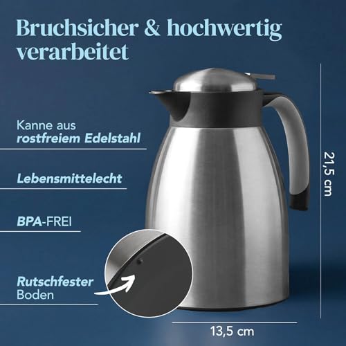 Foto von Blumtal Thermoskanne 1l - BPA-freie Teekanne mit Quick Tip Verschluss - auslaufsichere Kaffeekanne thermo für langanhaltende Isolation/Thermoskanne Tee - Kaffekanne - Tee Thermoskanne Edelstahl Silber