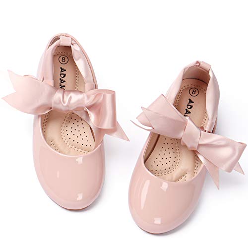 Adamumu Girls Dress Shoes Cute Bow Mary Jane Shoes Ballerina Flats With Satin Ankle Tie,Flower Girls For Wedding Birthday Party Or School Daily Dress Up,Pink 11M #TOP15
