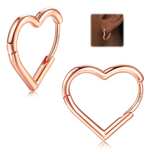 LOLIAS Pendientes Aro Forma Corazón Plata 925 Para Mujeres Niñas Pendientes Pequeños Oro Rosa Pendientes Colgantes Aro Forma Corazón Pendientes Colgantes Pendientes Oro Rosa Para Mujer 16 MM