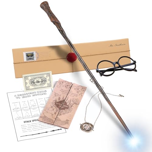 【魔法アイテムコレクション】 魔法の杖 LED発光機能付き Type-C充電式 日本語呪文表+ギフトボックス+英国風魔法学校 耐久性強化鋼管構造 プレミアムコスチュームアクセサリー（魔杖/呪文ガイド/ネックレス/地図付属） (ロン ウィーズリー) [並行輸入品]