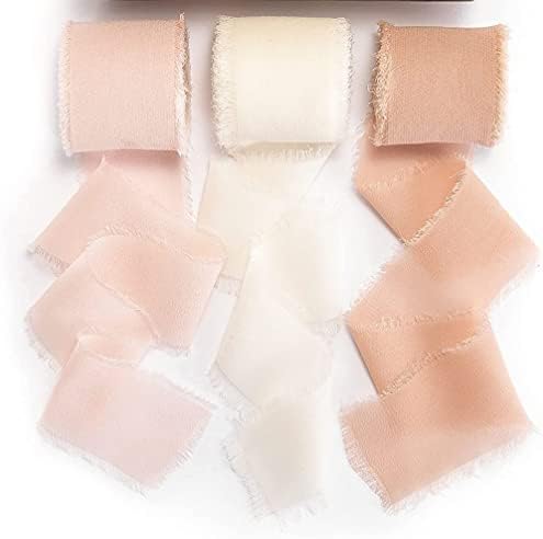 Dloapesy 3 Rolls Handmade Fringe Chiffon Silk Ribbon Gauze 1.5" x 3Yd Ribbons Set for Wedding Invitations, Bridal Bouquets, Gifts Wrapping, DIY Crafts (White and Pink, Fringe Chiffon)